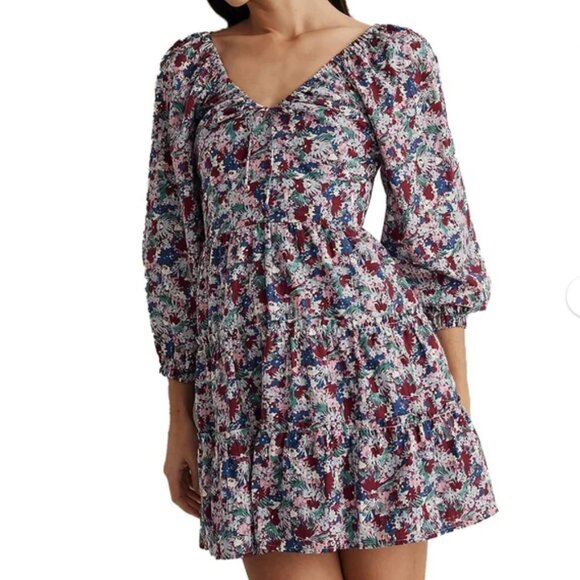 NWT Madewell Floral Puff Sleeves Tiered Cotton Dress with Pockets Size 8 - Picture 1 of 9